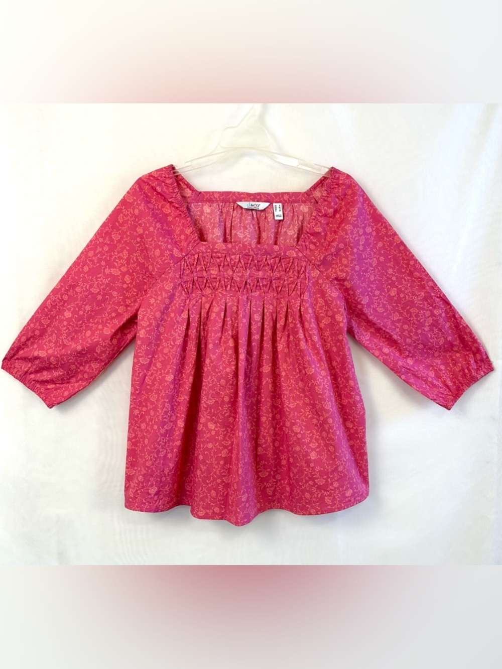 New Denim & Co. Printed Square Neck Blouse with Pleating Detail / Small